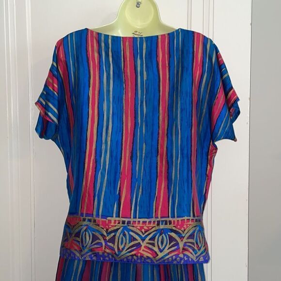 Vtg Monsoon turquoise, blue, fuchsia & gold striped silk outfit with full skirt - Picture 4 of 9